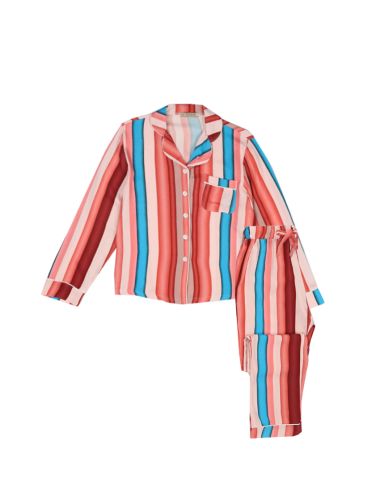  بيجاما نسائية مخطط بعدة ألوان قميص بأكمام طويلة ووصلة أزرار وجيب مع بنطلون