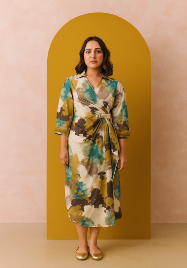 فستان نسائي بطبعات متعدد الألوان بياقة وبأكمام طويلة مزينة بريش ناعم 