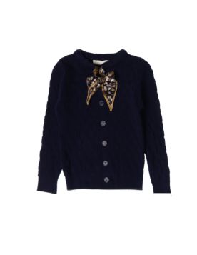 Girls Winter Round Neck Pullover with Elegant Ribbon Long Sleeves With Button Link -N-Blue-6