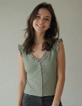 توب نسائي قصير بأكمام كشكش ونقوش مُخرمة