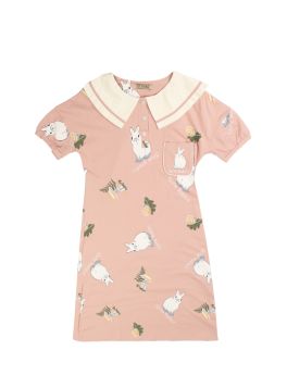 قميص نسائي ميدي بطبعات أرنب لطيفة بياقة متصلة بأذنين أرنب بأكمام قصيرة