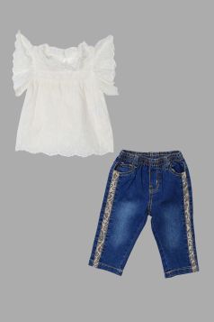 Girls Embroidered White Top With Round Neck Lace Detailing And Jeans