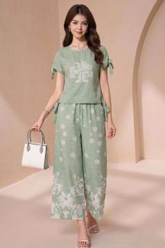 طقم بناتي صيفي أنيق قميص وبنطلون واسع