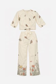 طقم بناتي صيفي بلوزة بربطة خصر وبنطلون واسع