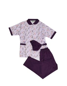 طقم زي عاملة منزلية مشجر بأزرار وياقة أنيقة - 3 قطع