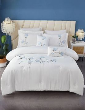 طقم مفرش سرير مزدوج (ملكي) مطرز بتصميم الأزهار الصغيرة - 8 قطع 