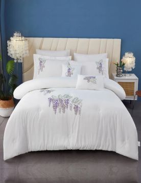 طقم مفرش سرير مزدوج ملكي مطرز بتصميم الزهور - 8 قطع