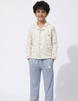 طقم بيجاما ولادي قطني بنقوش بحرية وأزرار أمامية