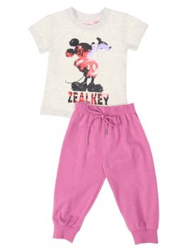 Mickey Mouse print pajamas girls drawstring waist pants with short-sleeved T-shirt -Grey-6-9M